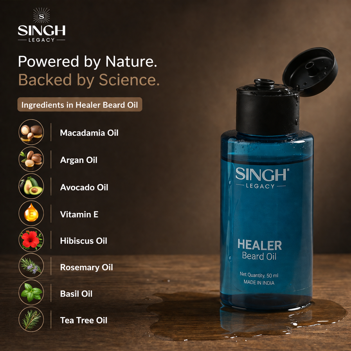 Singh Legacy Healer Beard Oil – Ingredients warm background
