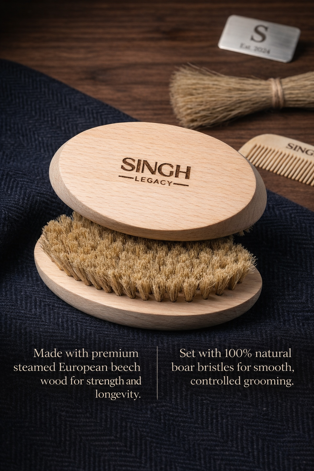 Singh Legacy Premium Beard Brush – beech wood and boar bristle detail