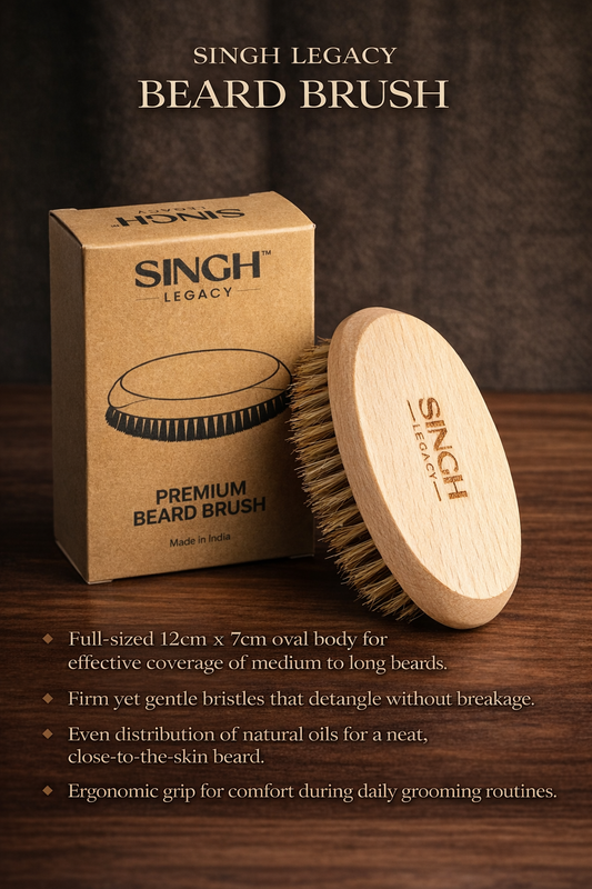 Singh Legacy Premium Beard Brush – product with box and specs