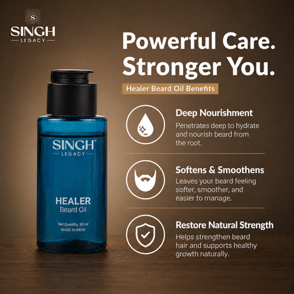 Singh Legacy Healer Beard Oil – Benefits infographic blue