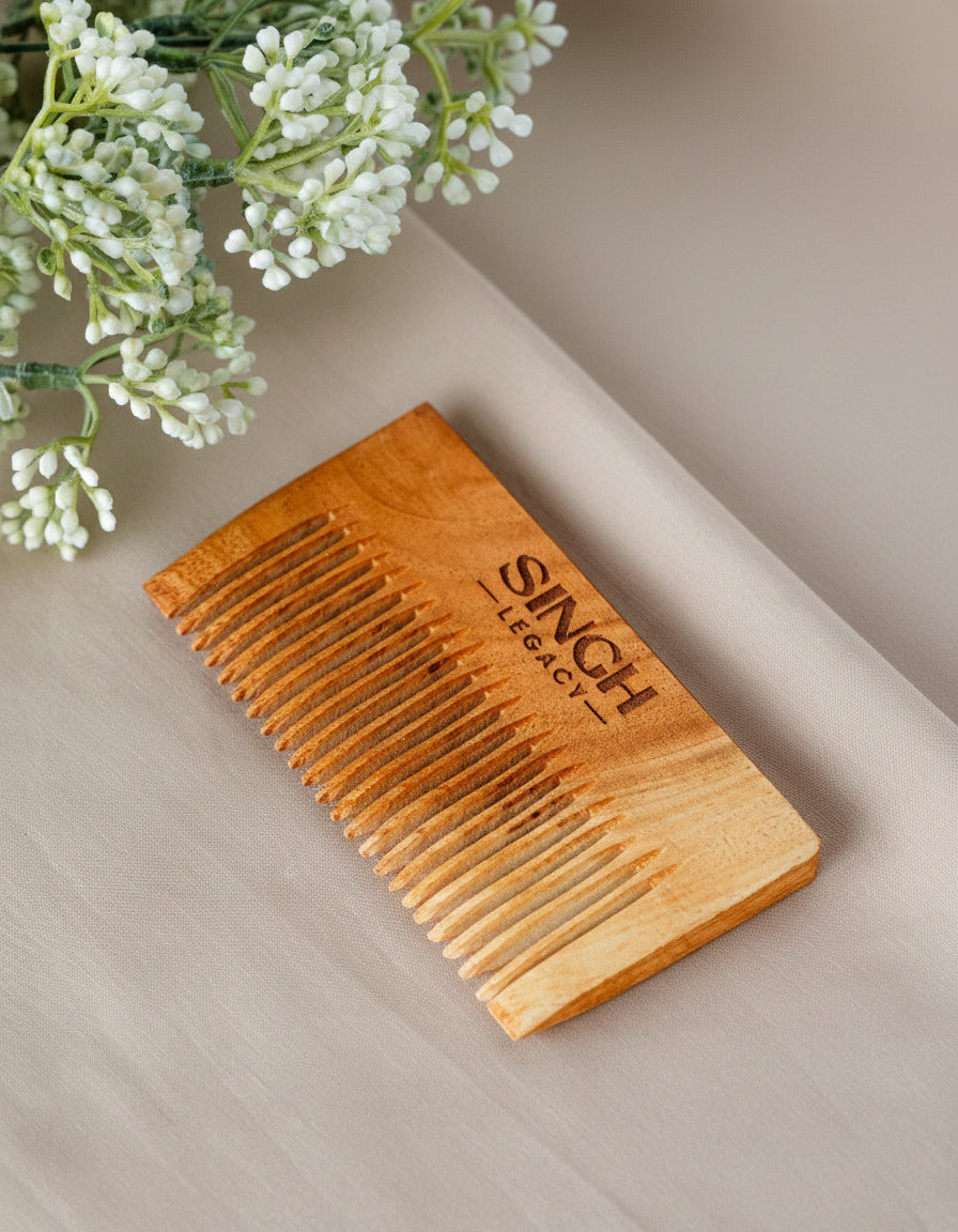Singh Legacy Pocket Neem Wood Comb – lifestyle on linen with flowers