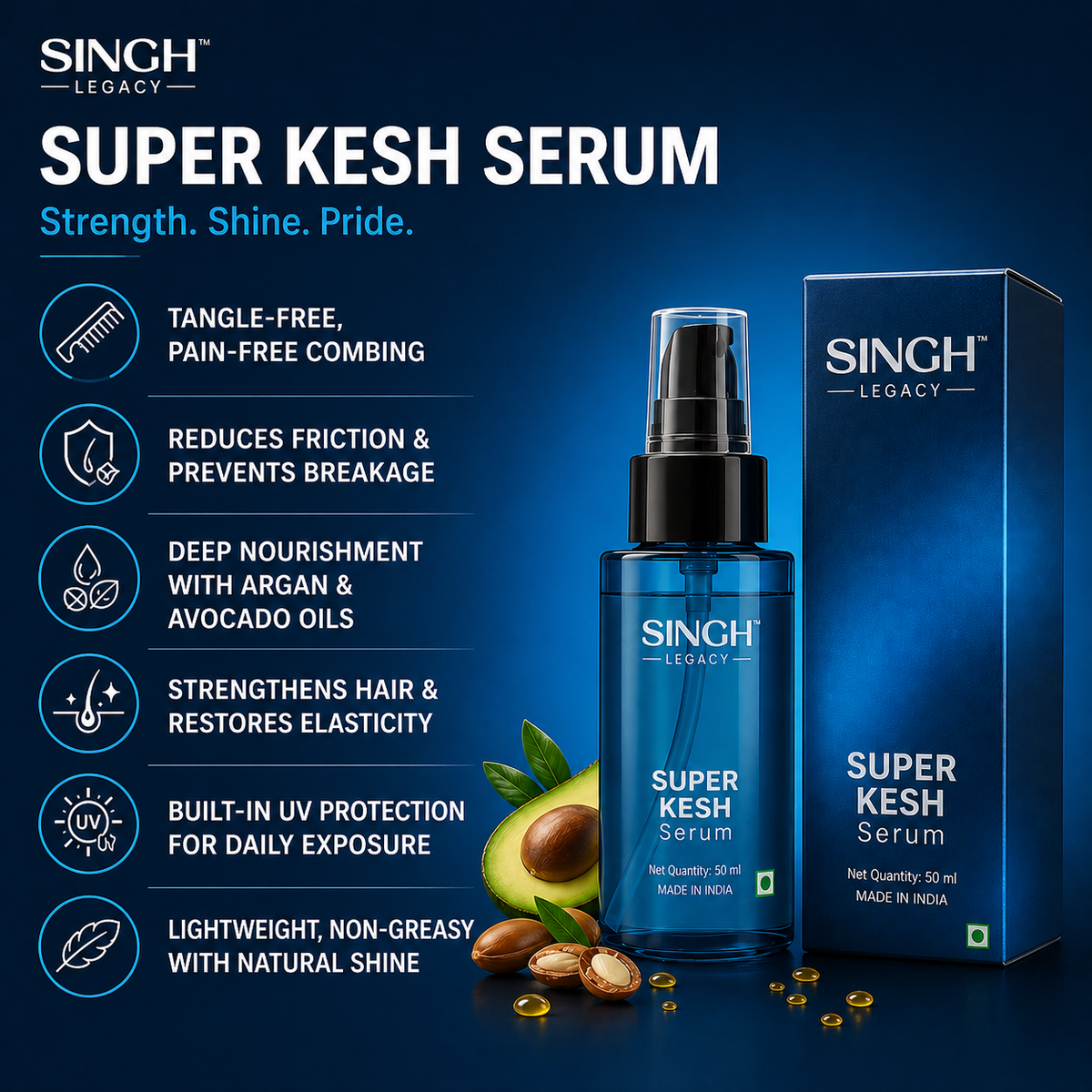 Singh Legacy Super Kesh Serum – Benefits infographic blue background