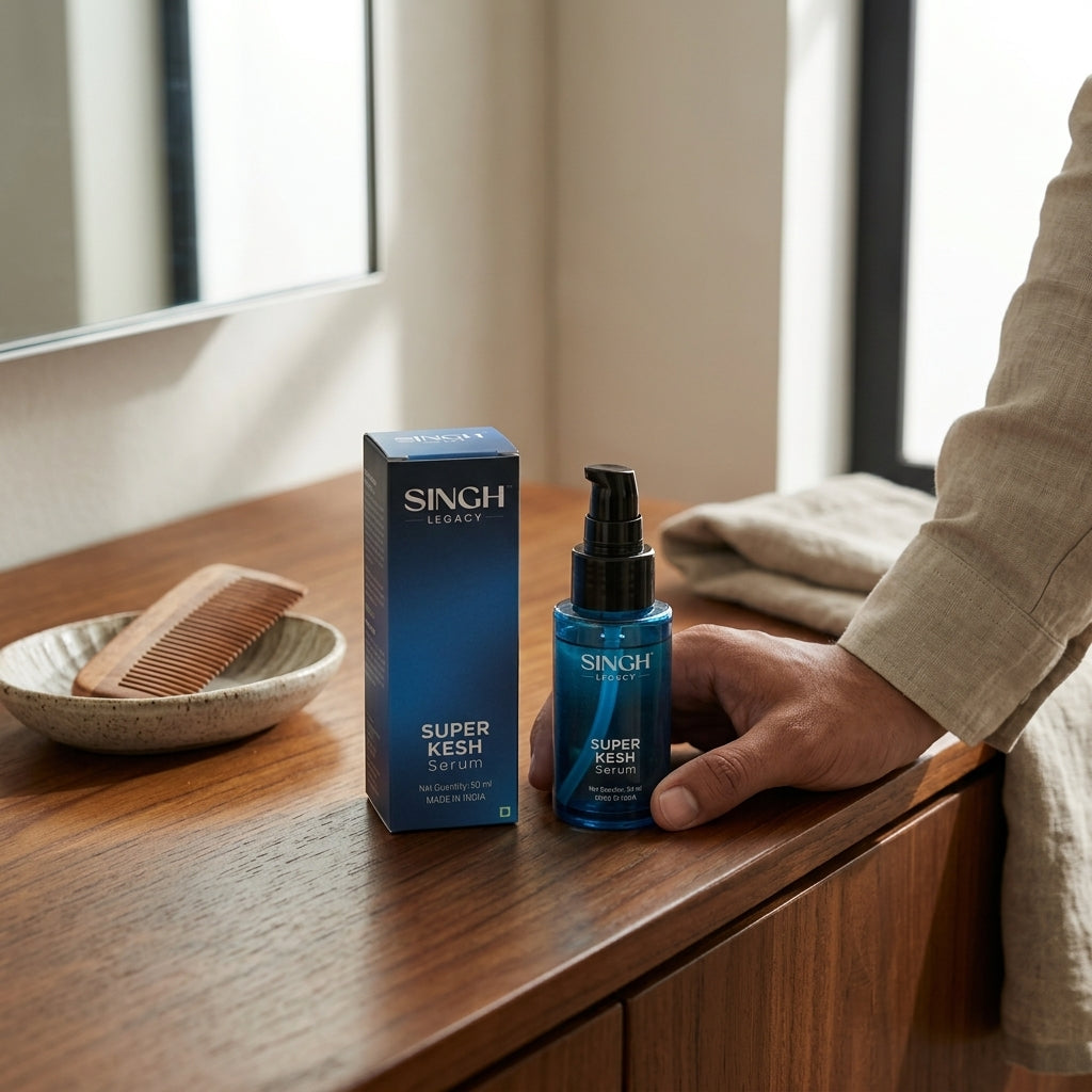 Singh Legacy Super Kesh Serum – lifestyle concept on wooden table