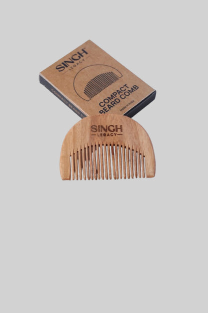 Singh Legacy Compact Beard Comb – with branded kraft box on grey background