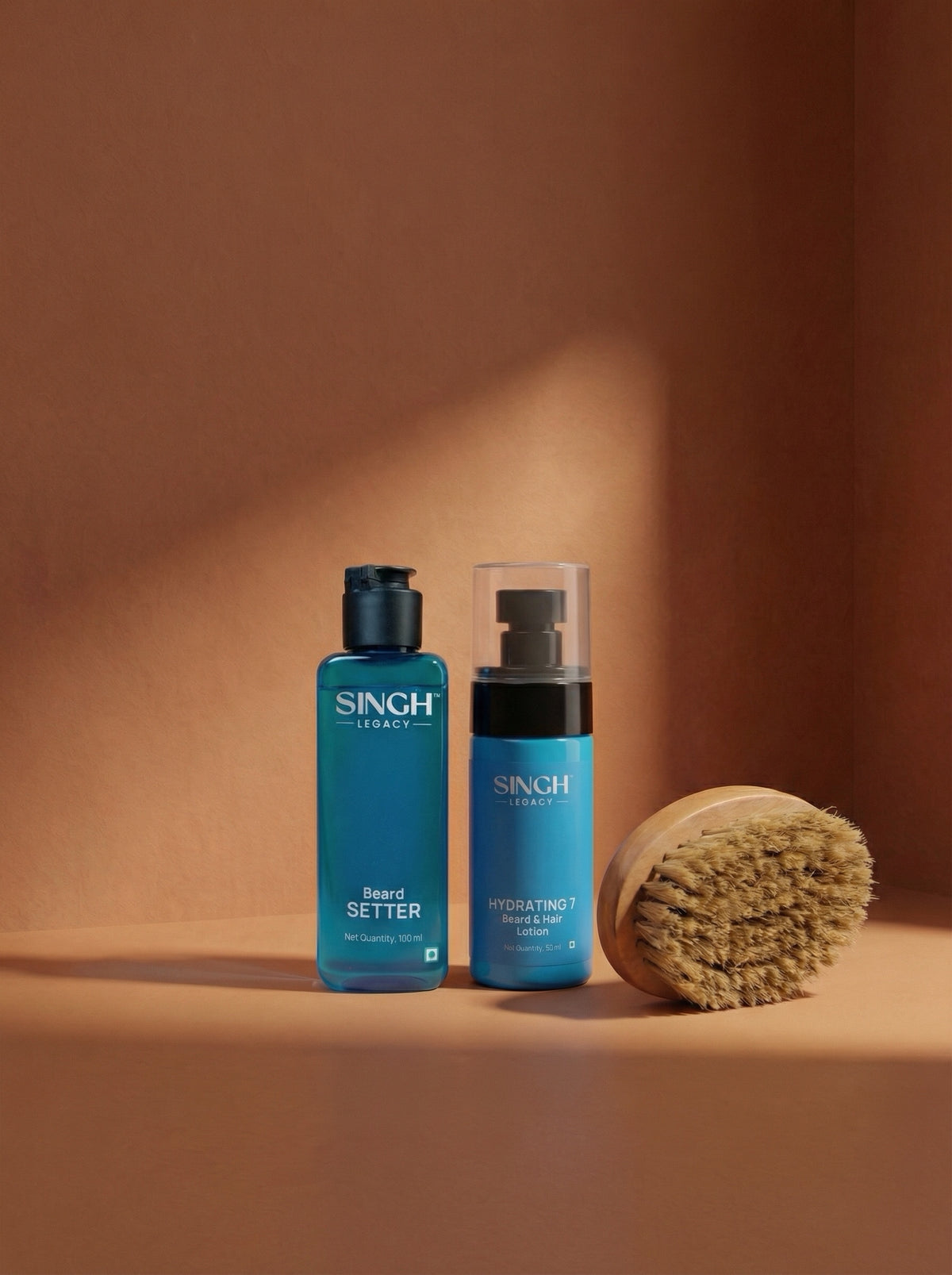 Singh Legacy Daily Grooming Kit - Beard Setter, Hydrating 7 Lotion and Beard Brush on warm terracotta background