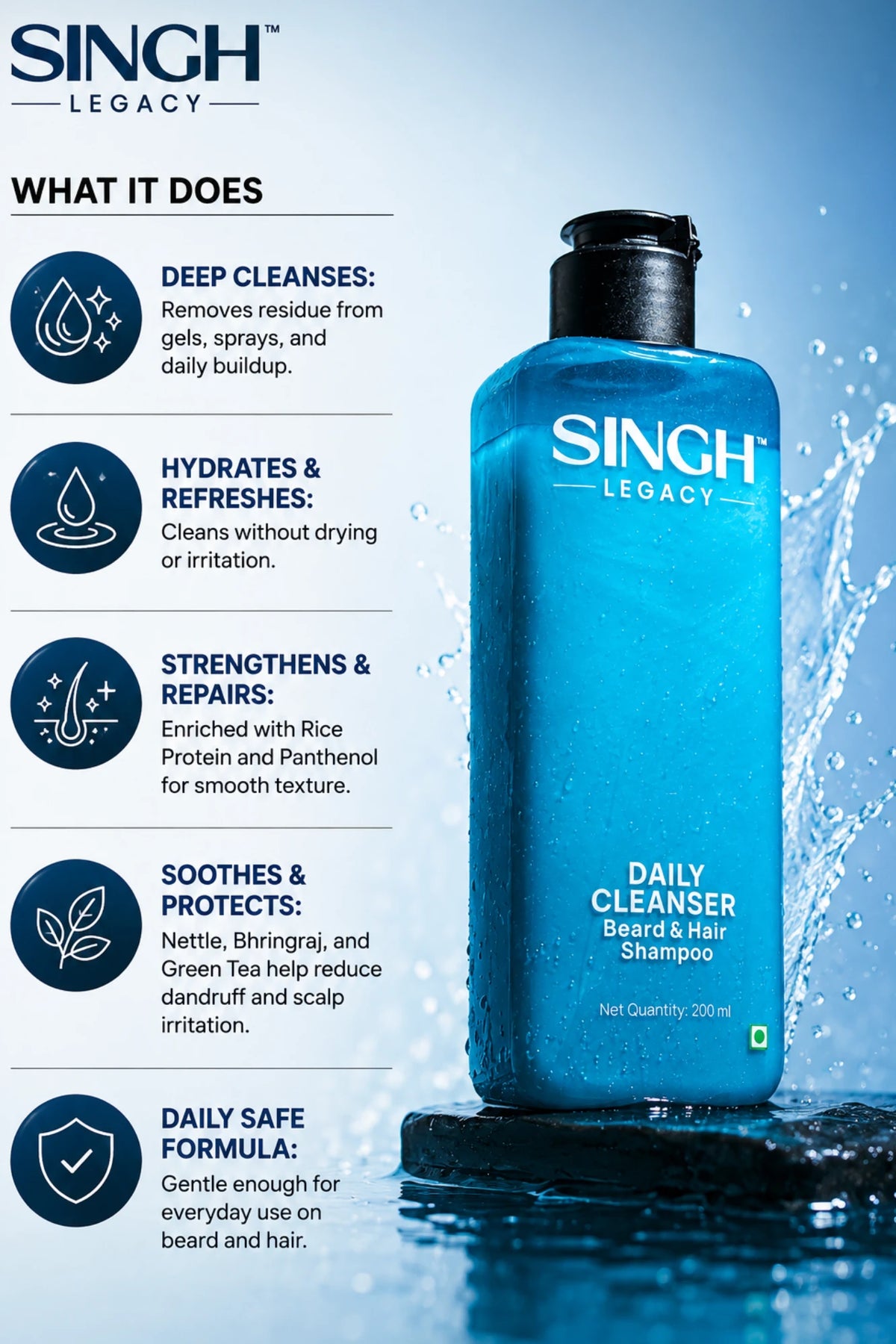 Singh Legacy Daily Cleanser – What It Does benefits infographic